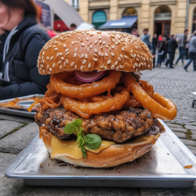 Una hamburguesa con aros de cebolla se sienta en una mesa afuera.