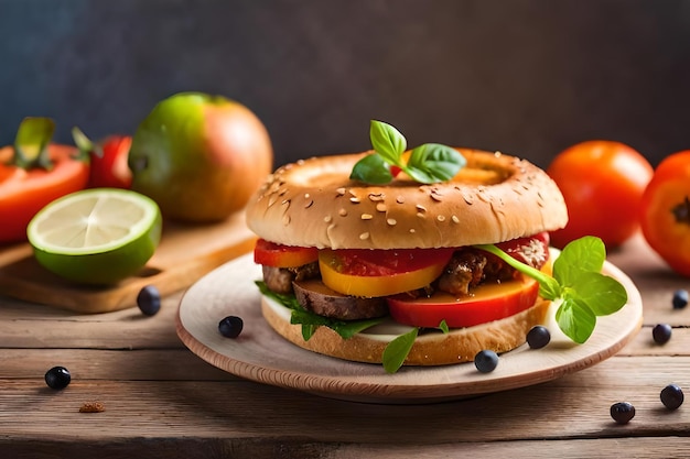 Una hamburguesa con bagel y tomates en un plato