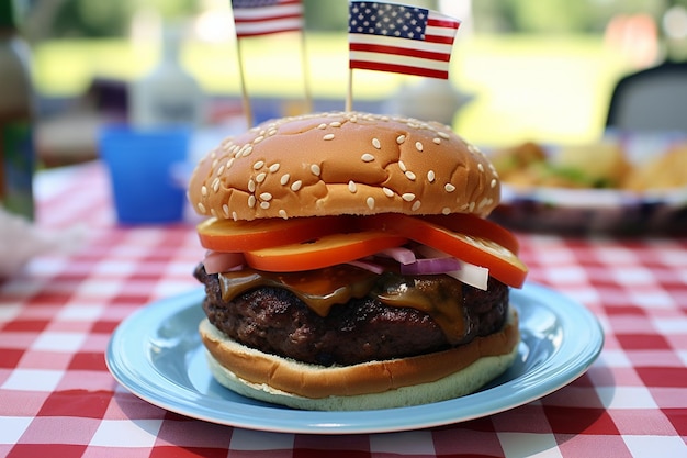 una hamburguesa con la bandera estadounidense en ella está en una mesa