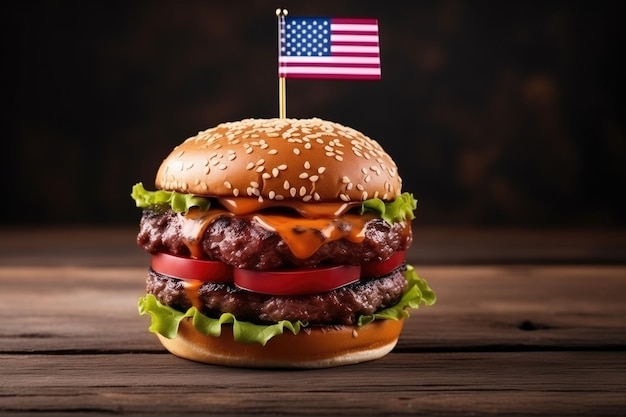 Hamburguesa con bandera estadounidense en una mesa de madera