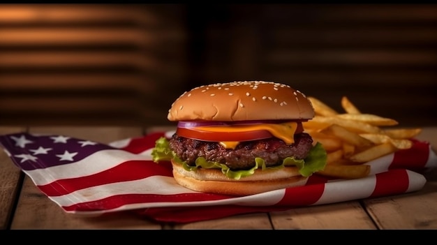 Foto una hamburguesa con una bandera roja, blanca y azul