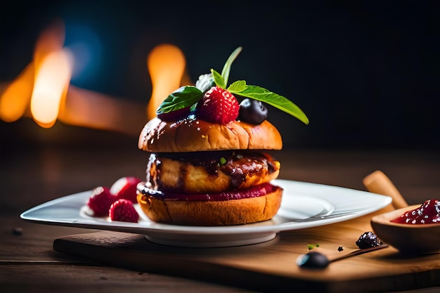 una hamburguesa con bayas en la parte superior se sienta en un plato al lado de un fuego