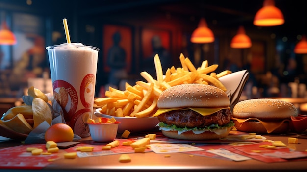 Foto una hamburguesa y una bebida en una mesa con una bebida y una bebida