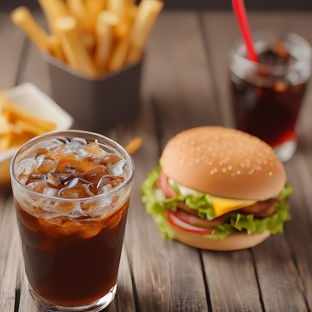 Foto una hamburguesa y una bebida en una mesa con una bebida en el fondo