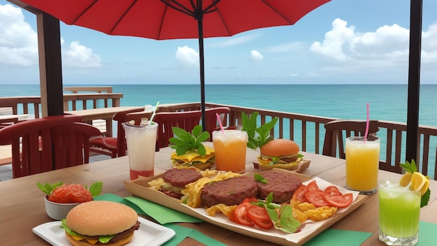 Una hamburguesa y una bebida en una mesa y fondo azul marino