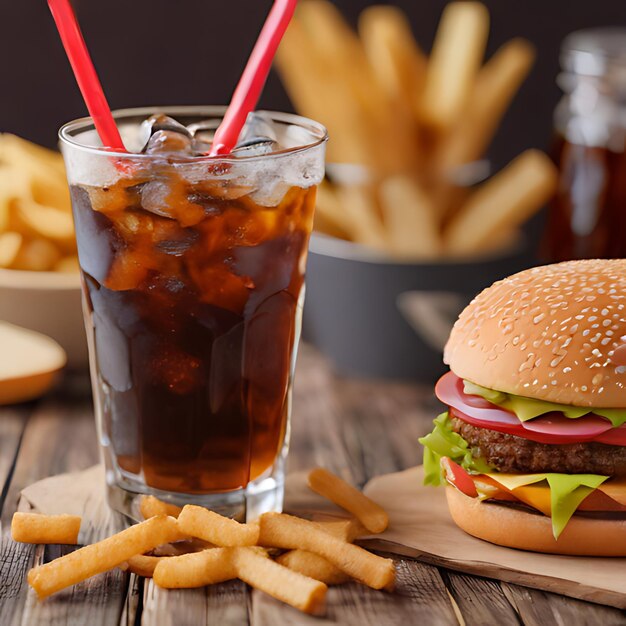 Foto una hamburguesa y una bebida en una mesa de madera con papas fritas