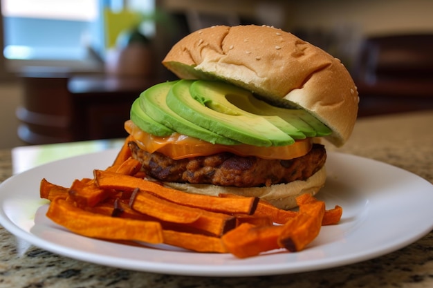 Hamburguesa Beyond Meat con cebollas caramelizadas con queso vegano y aguacate en un panecillo integral