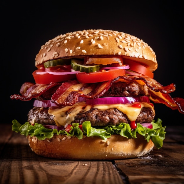 Hamburguesa Big Sandwich con carne de ternera con queso de lechuga en una mesa de madera antigua