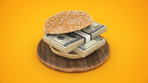 Hamburguesa con billetes de dólar render 3d