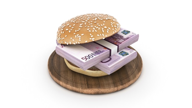 Hamburguesa con billetes de euro render 3d