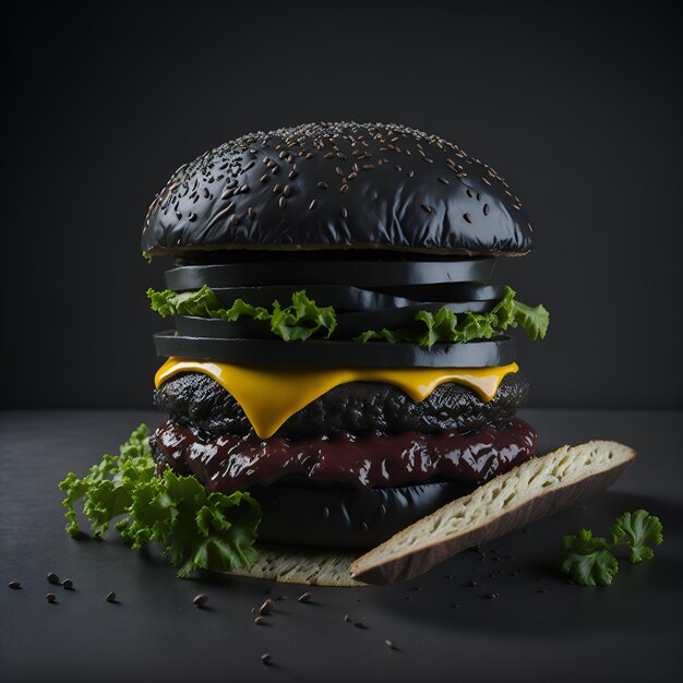 Una hamburguesa con un bollo negro y lechuga.