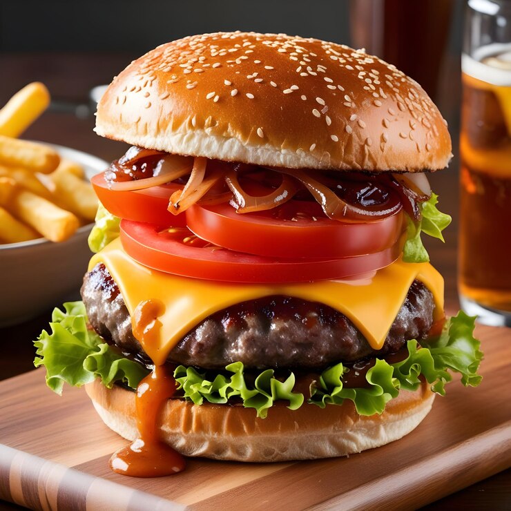 una hamburguesa con una botella de cerveza detrás de ella