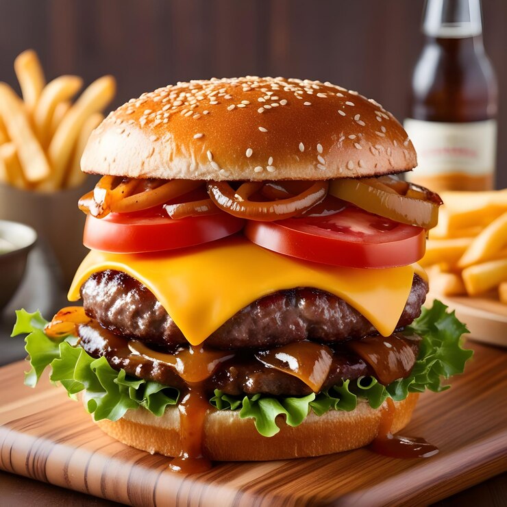 una hamburguesa con una botella de cerveza detrás de ella