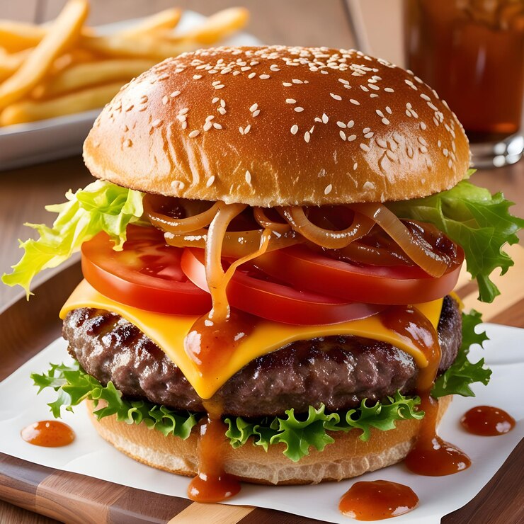 una hamburguesa con una botella de cerveza detrás de ella