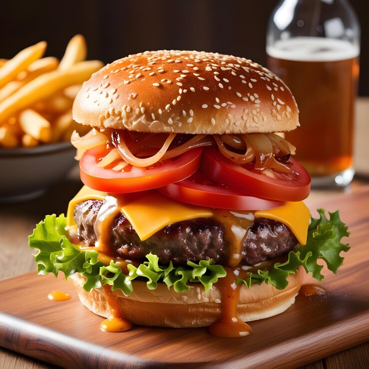 una hamburguesa con una botella de cerveza detrás de ella