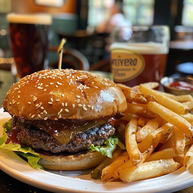 una hamburguesa con una botella de cerveza a su lado