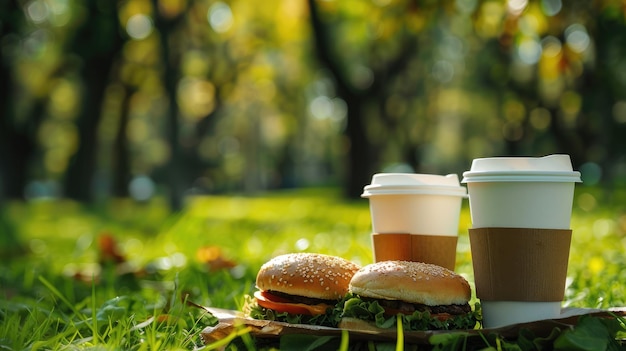 Hamburguesa con café en la hierba en el parque para el picnic de primavera o verano en el fondo borroso de la calle