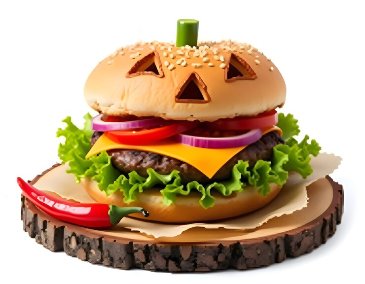 una hamburguesa con una calabaza en ella y una calabasa en la parte superior