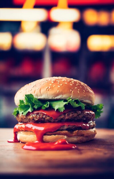 Hamburguesa en la calle por la noche de cerca