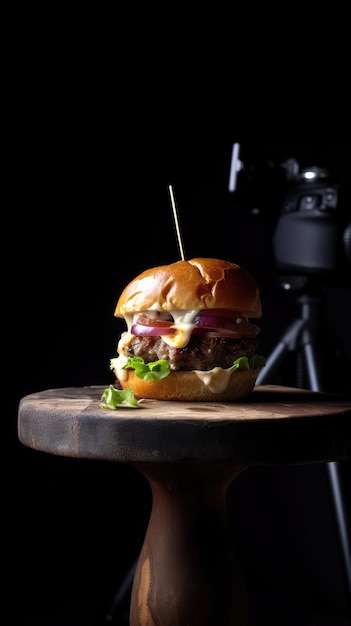 Una hamburguesa con una cámara detrás