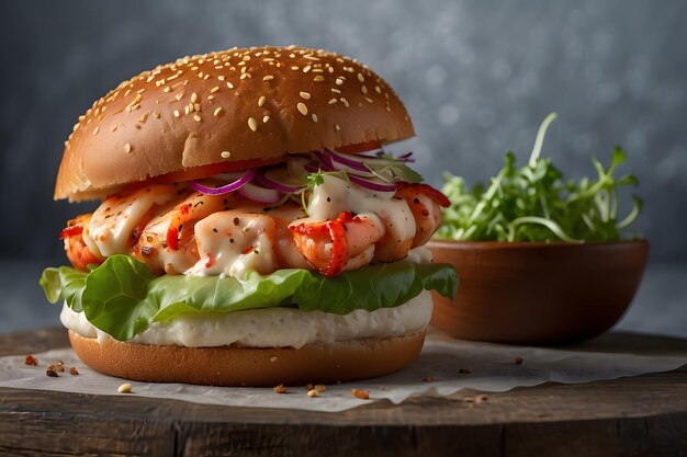 Foto una hamburguesa con camarón y lechuga