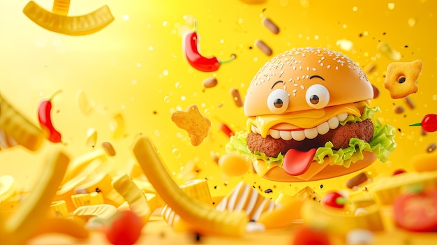 Una hamburguesa con una cara está rodeada de papas fritas y tomates en un fondo amarillo
