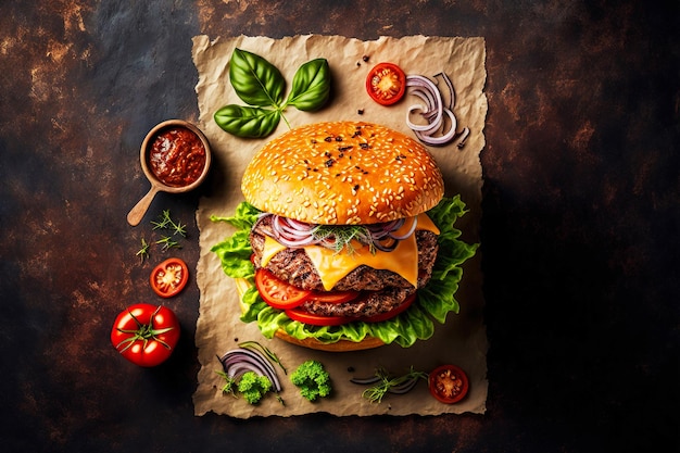 Hamburguesa de carne acostada sobre papel en la mesa con tomates y ketchup en un tazón creado con ai generativo