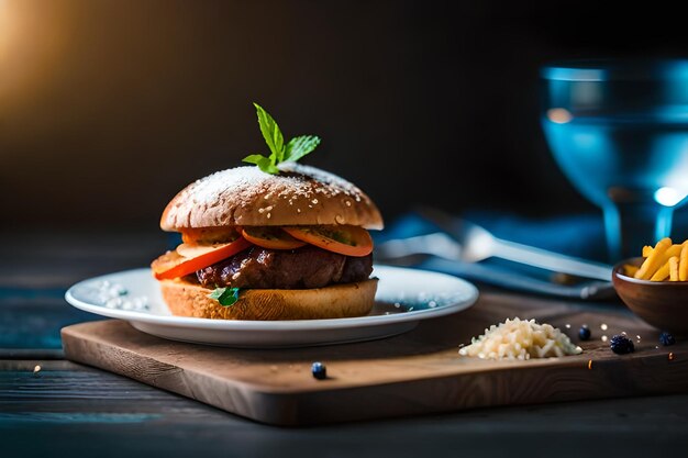 una hamburguesa con carne y arroz en un plato con un vaso de agua.