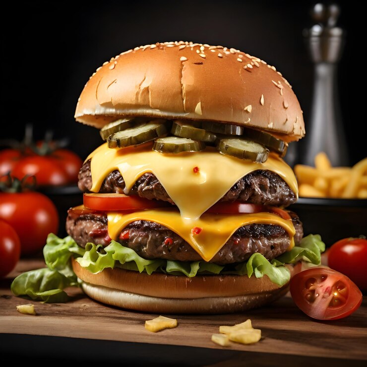Hamburguesa de carne artesanal y papas fritas en una mesa de madera aislada sobre un fondo negro