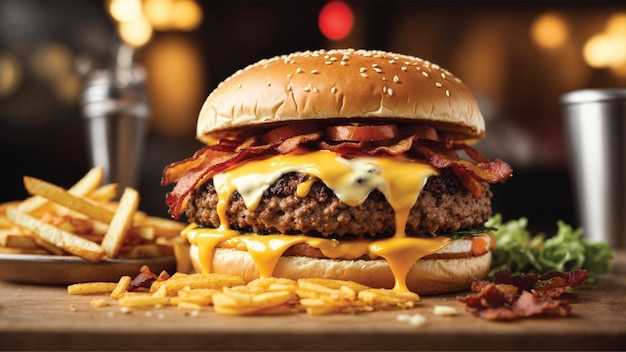 Hamburguesa con carne, chuleta, tomate, lechuga y queso. Una hamburguesa deliciosa y de primera calidad.