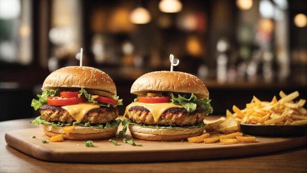 Hamburguesa con carne, chuleta, tomate, lechuga y queso. Una hamburguesa deliciosa y de primera calidad.