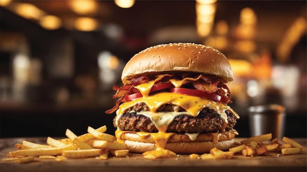 Hamburguesa con carne, chuleta, tomate, lechuga y queso. Una hamburguesa deliciosa y de primera calidad.