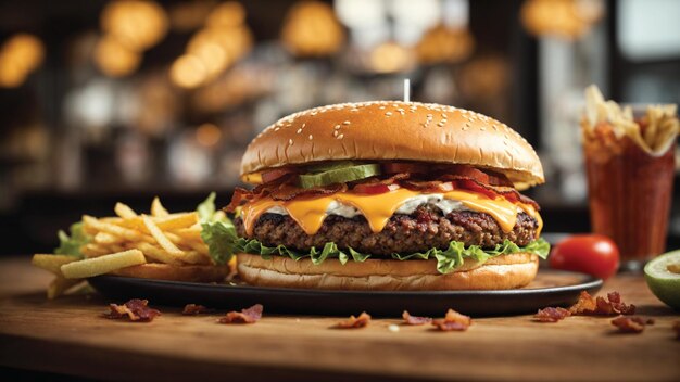 Hamburguesa con carne, chuleta, tomate, lechuga y queso.