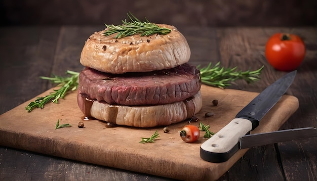 Hamburguesa de carne fresca con un cuchillo en el tablero en un fondo rústico