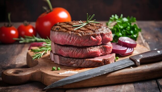 Hamburguesa de carne fresca con un cuchillo en el tablero en un fondo rústico