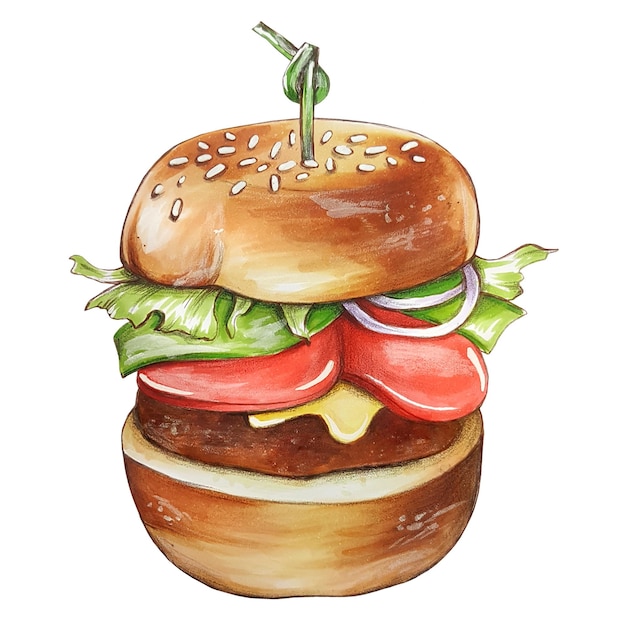 Hamburguesa de carne, Ilustración de boceto a mano, Aislar