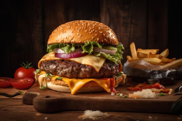 Hamburguesa de carne jugosa en mesa de madera rústica