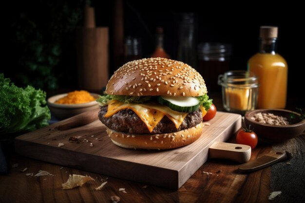 Hamburguesa de carne jugosa en mesa de madera rústica