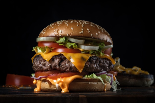 Hamburguesa de carne jugosa en mesa de madera rústica