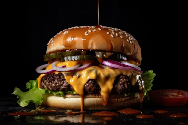 Hamburguesa de carne jugosa en mesa de madera rústica