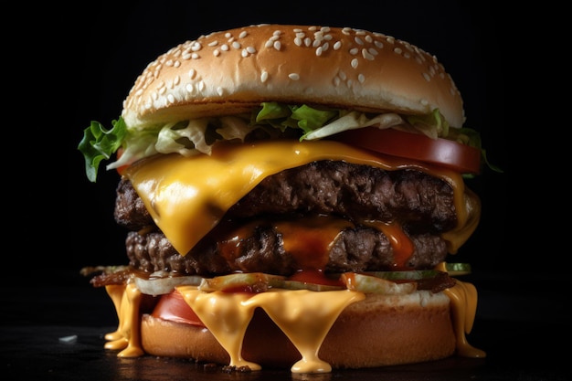 Hamburguesa de carne jugosa en mesa de madera rústica