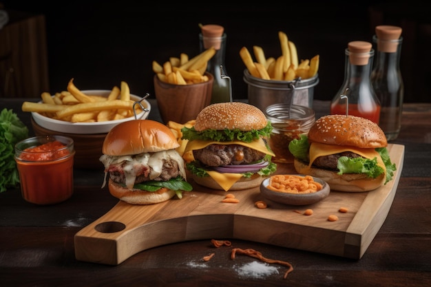 Hamburguesa de carne jugosa en mesa de madera rústica