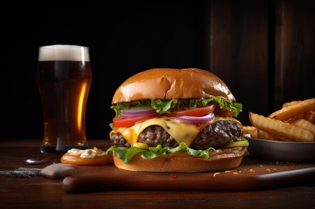 Hamburguesa de carne jugosa en mesa de madera rústica