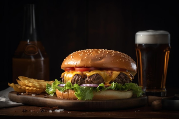 Hamburguesa de carne jugosa en mesa de madera rústica