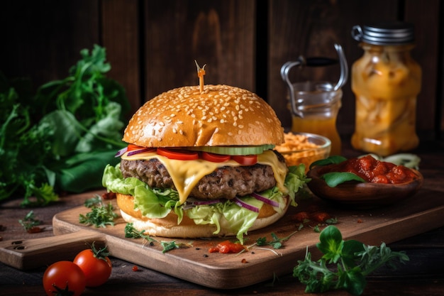 Hamburguesa de carne jugosa en mesa de madera rústica