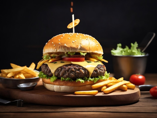 Hamburguesa de carne jugosa y papas fritas en una tabla de madera aislada sobre un fondo negro