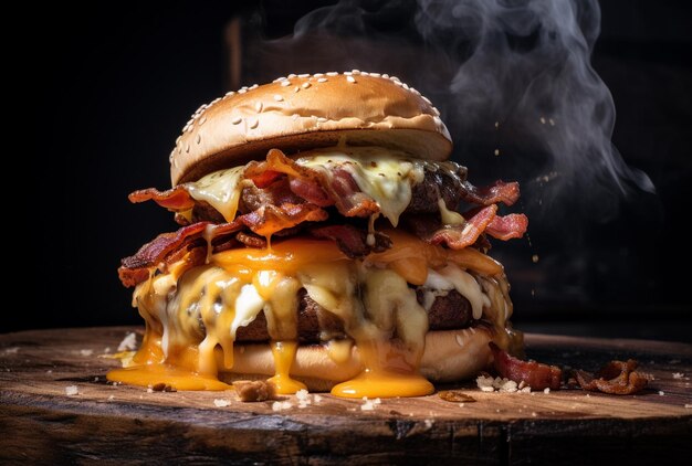 Hamburguesa de carne en una mesa de madera