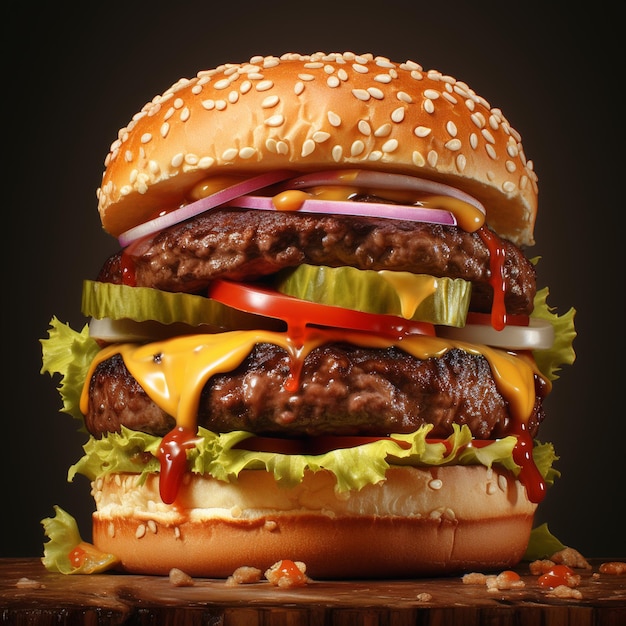 Hamburguesa de carne en una mesa de madera