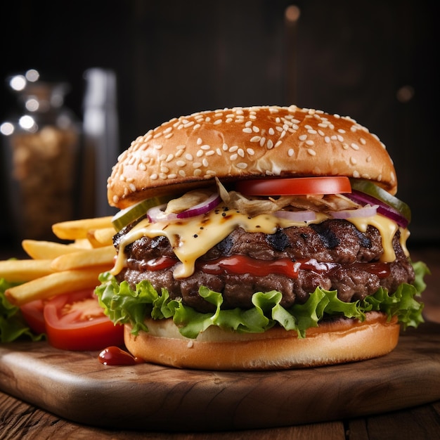 Hamburguesa de carne con papas fritas, queso y tomate.