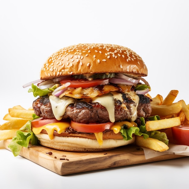 Foto hamburguesa de carne con papas fritas, queso y tomate.